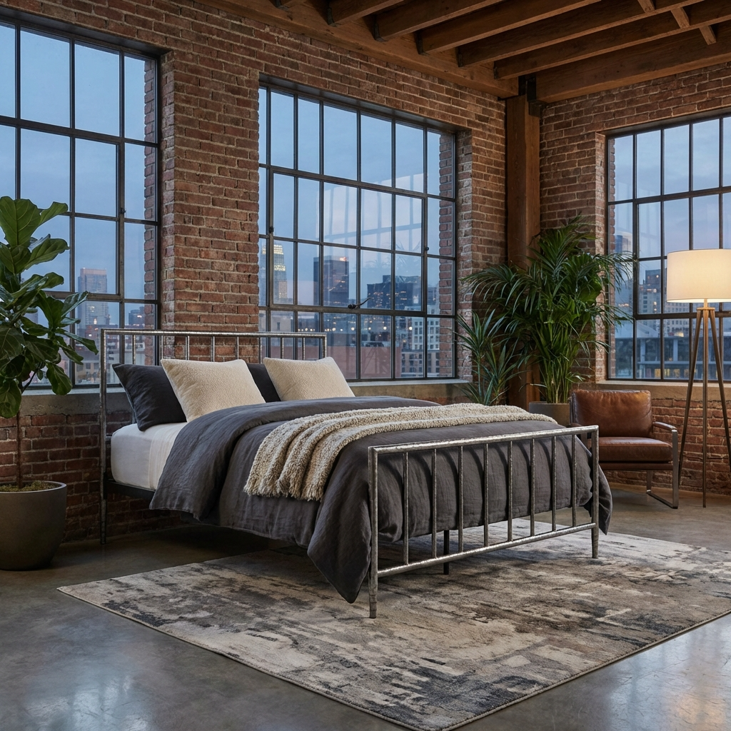 Archaeo Pitted Silver Hammered Iron Platform Bed Modern in an urban loft bedroom with brick walls and large windows.