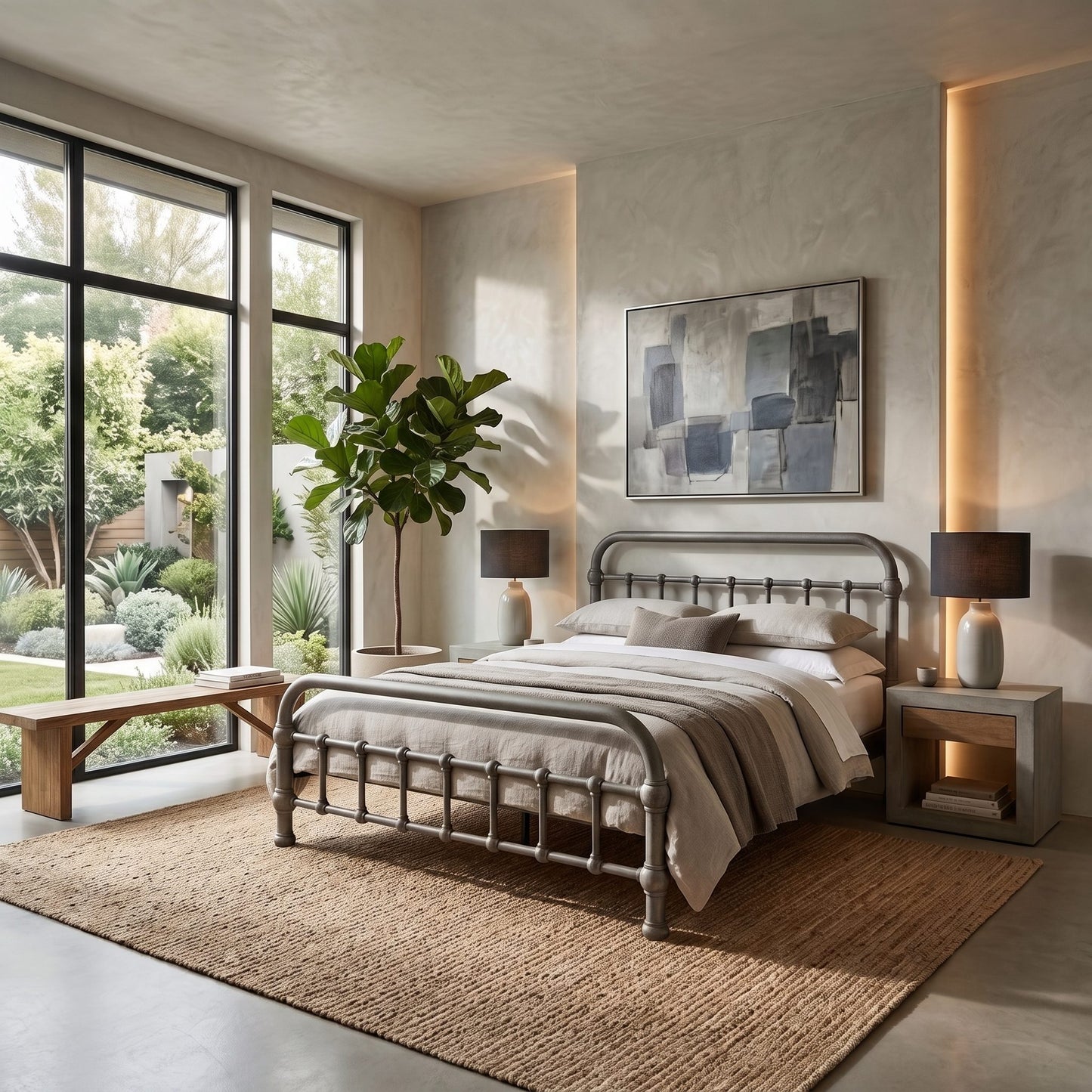 20th c Americana Low Profile Iron Platform Bed by Heiressy. A modern bedroom featuring a distressed gray metal bed frame with a curved headboard and footboard, styled with neutral beige and gray bedding. The bed is placed on a large woven jute rug, flanked by matching gray nightstands with lit table lamps, a potted green plant, and a wooden bench near large black-framed windows.