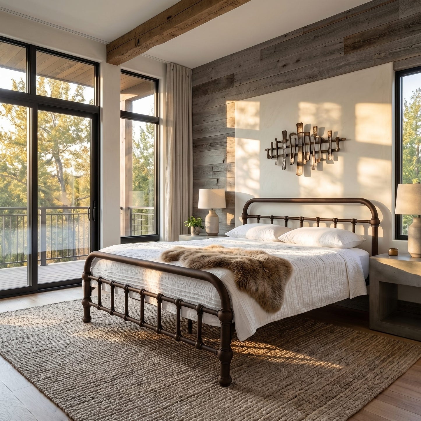 20th c Americana Low Profile Iron Platform Bed by Heiressy. A rustic bedroom scene with a dark wood metal bed frame, white bedding, a brown faux-fur throw, a large woven rug, wood-paneled walls, and tall windows with outdoor views.