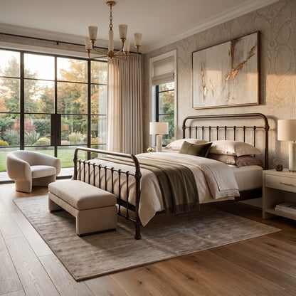 Heiressy 20th c Americana Iron Bed in Aurora Bronze Finish. A styled bedroom interior featuring a metal bed frame with a turned-top headboard and footboard, dressed in neutral beige and olive bedding. A matching upholstered bench sits at the foot of the bed on a large textured rug, with a cream armchair, nightstands, lamps, and a large abstract wall painting in a warm, elegant room.