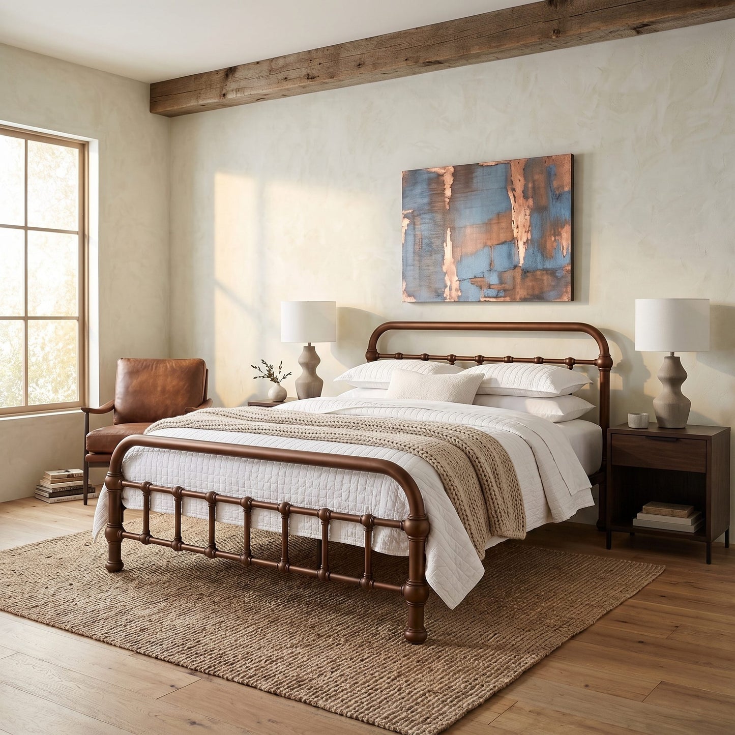 20th c Americana Low Profile Iron Platform Bed by Heiressy. A dark brown metal bed frame with turned spindle-style legs, styled in a rustic bedroom with white bedding, a textured beige throw blanket, a brown leather armchair, and a blue and copper abstract painting on the wall.
