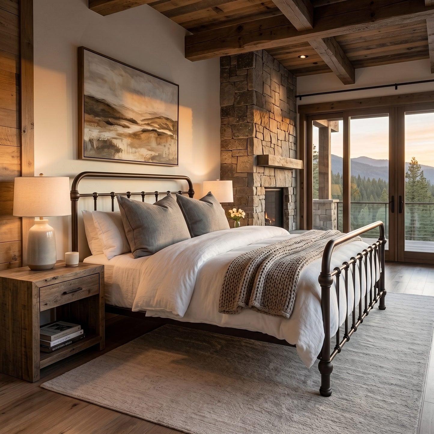 Heiressy 20th c Americana Iron Bed in Espresso Finish. A rustic bedroom scene featuring a bed with white linens, gray pillows, and a textured throw blanket, styled in a cozy cabin interior with a stone fireplace, wooden ceiling beams, and a mountain view outside.