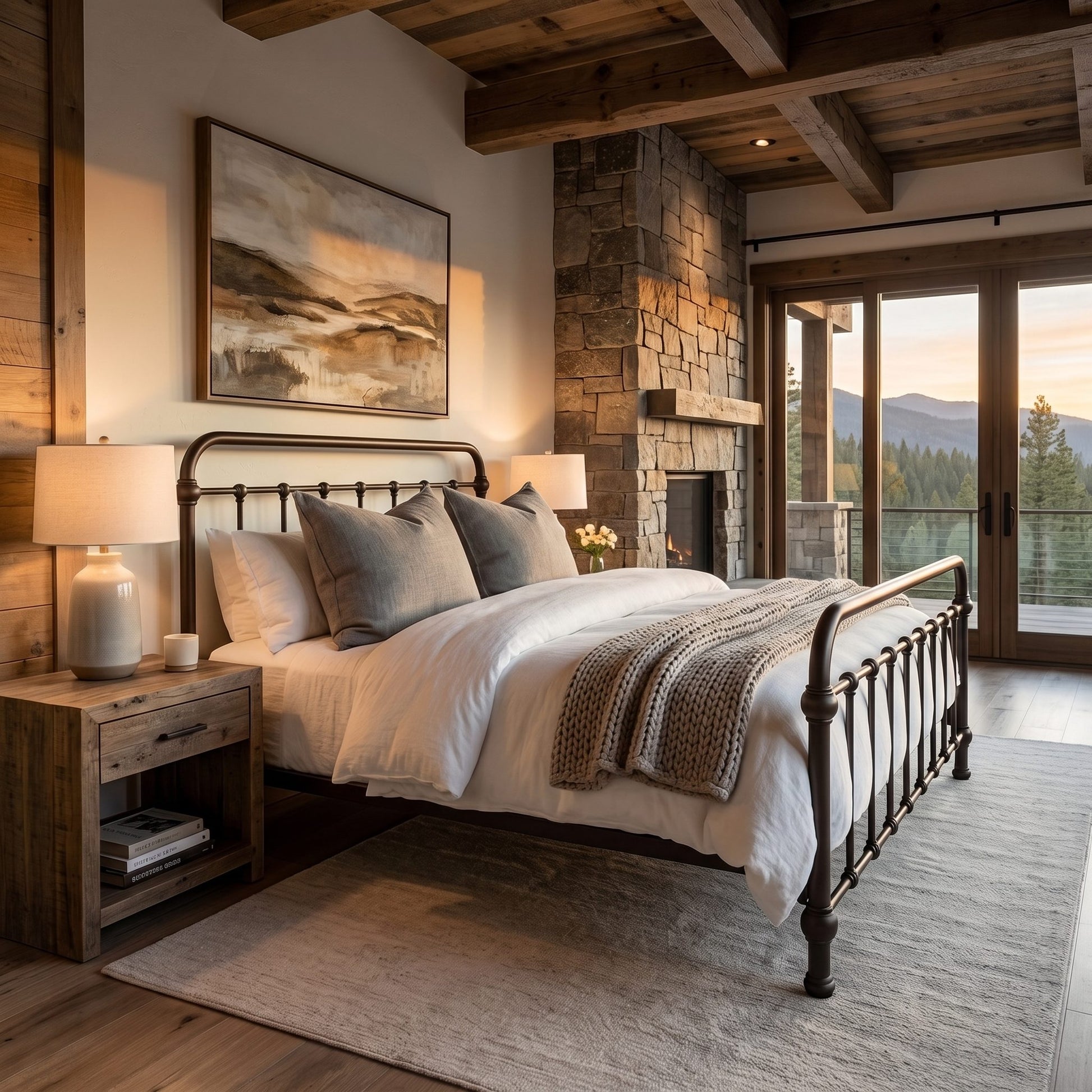 Heiressy 20th c Americana Iron Bed in Espresso Finish. A rustic bedroom scene featuring a bed with white linens, gray pillows, and a textured throw blanket, styled in a cozy cabin interior with a stone fireplace, wooden ceiling beams, and a mountain view outside.