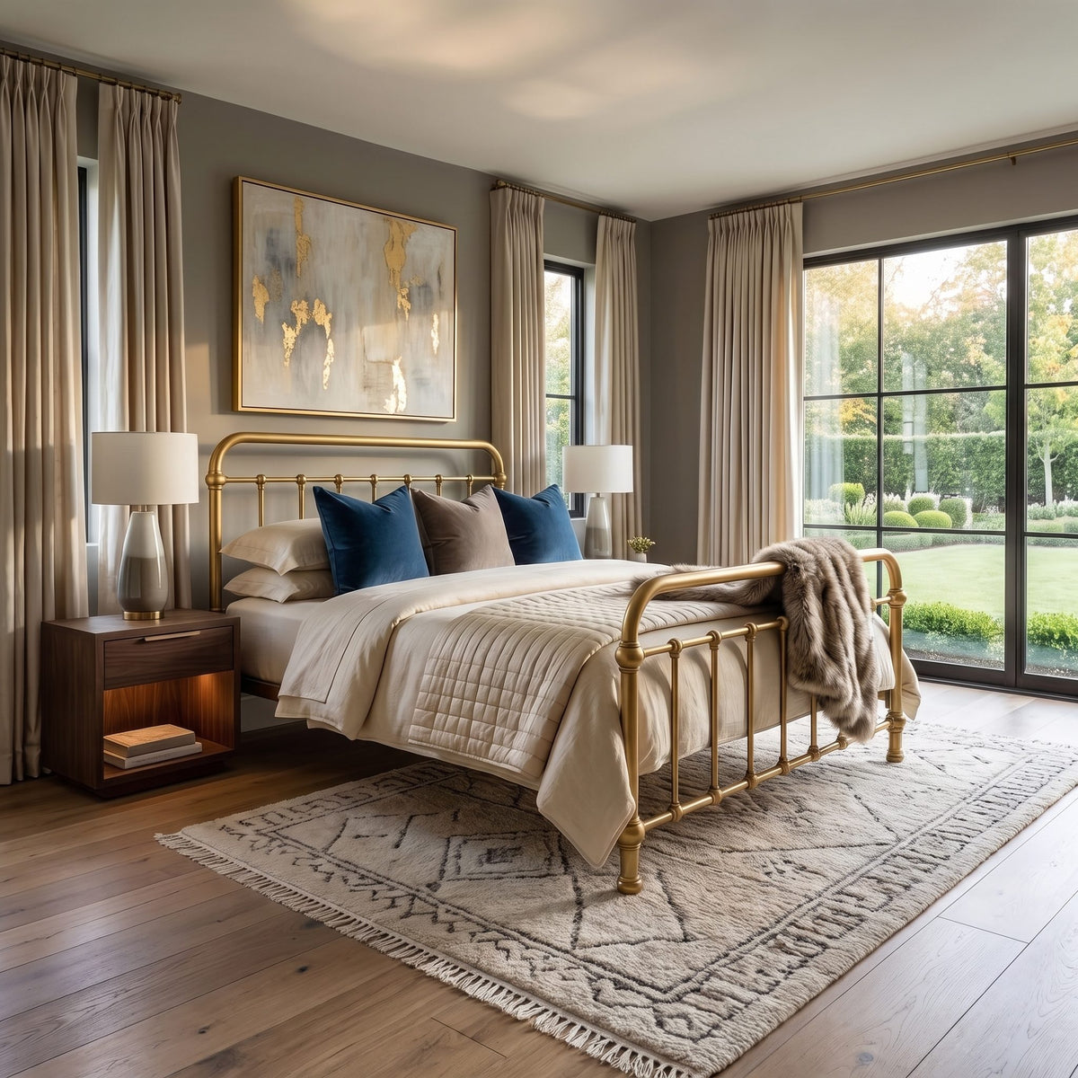 Gold Brush 20th c. Americana Iron Bed by Heiressy in an updated high-end home by interior designers.