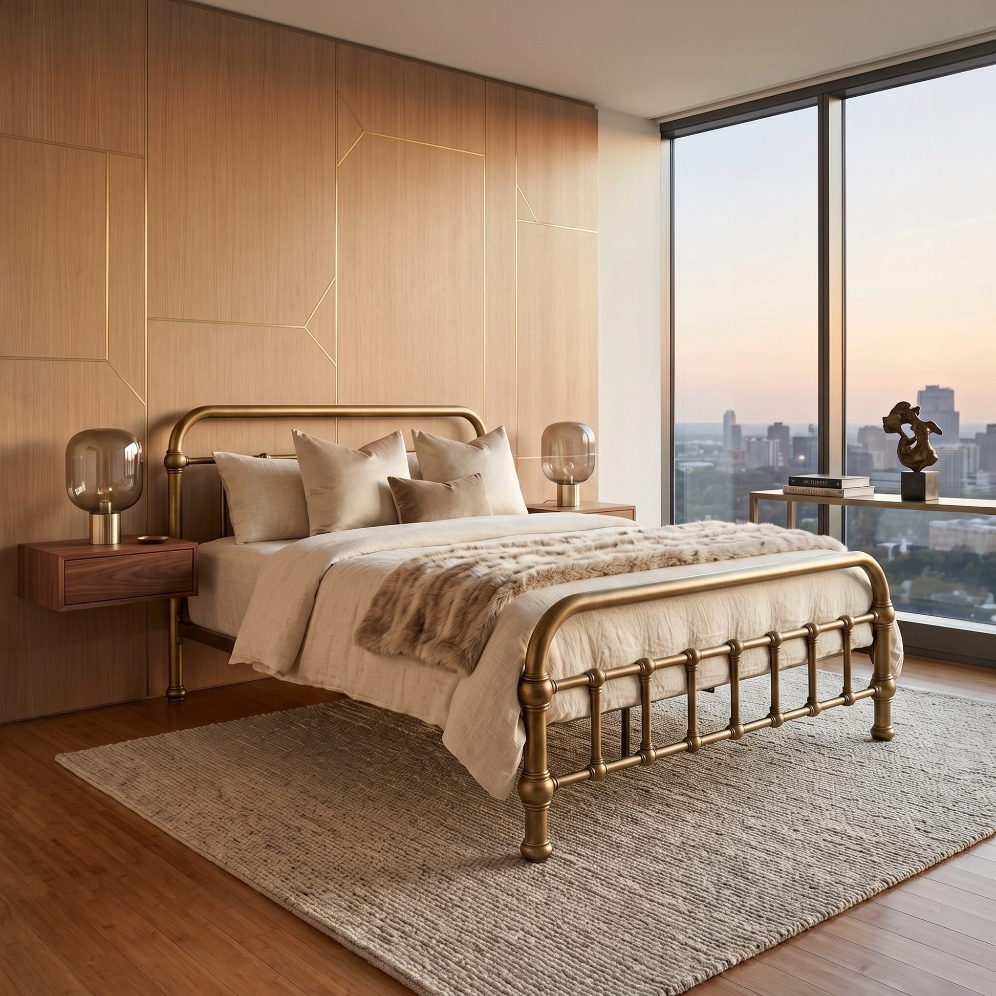20th c Americana Low Profile Iron Platform Bed by Heiressy. A modern bedroom featuring a bed with a polished brass metal frame, dressed in neutral beige and cream bedding, set against a light wood paneled wall with matching bedside tables and lamps.