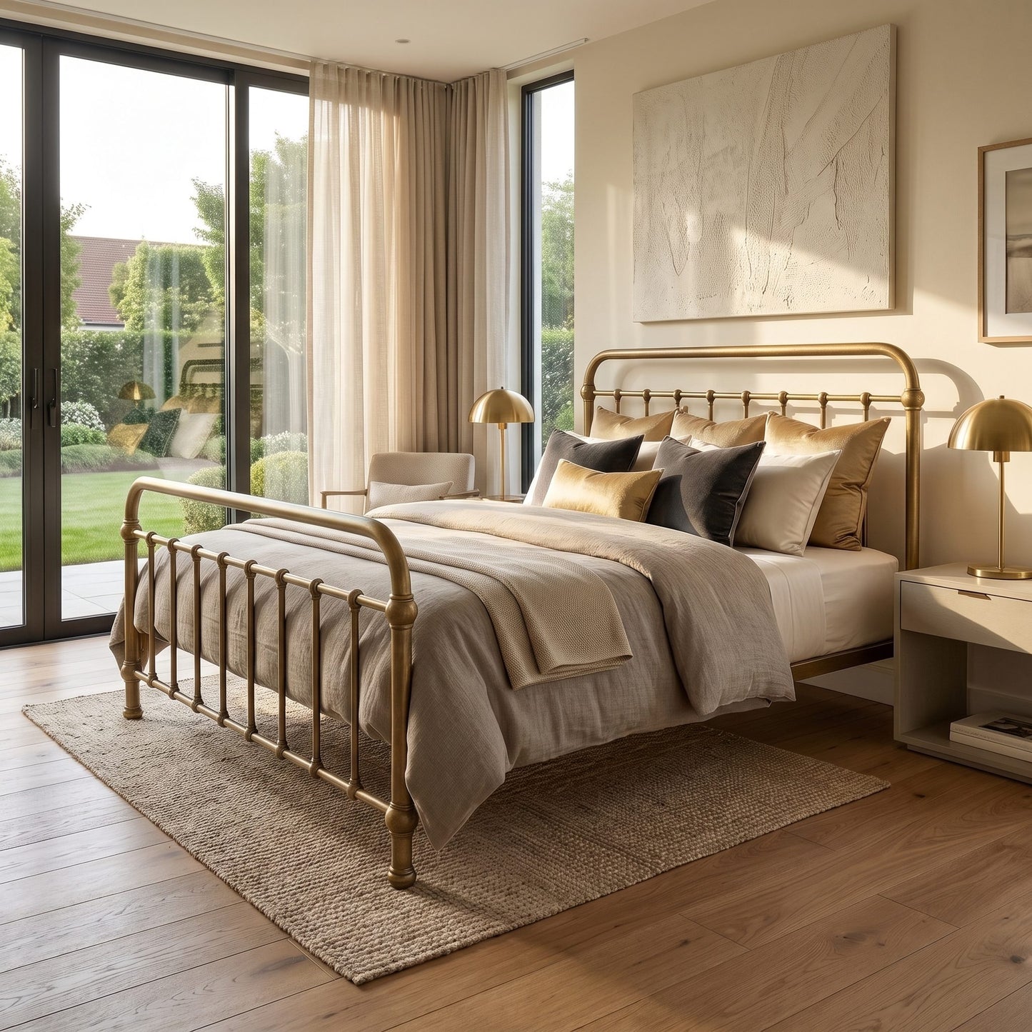 Heiressy 20th c Americana Iron Bed in Gold Wash. A golden metal bed frame with a classic turned spindle headboard and footboard, styled with neutral beige and gold bedding in a bright, modern bedroom with large windows and warm wood flooring.