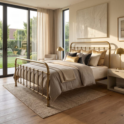 Heiressy 20th c Americana Iron Bed in Gold Wash. A golden metal bed frame with a classic turned spindle headboard and footboard, styled with neutral beige and gold bedding in a bright, modern bedroom with large windows and warm wood flooring.