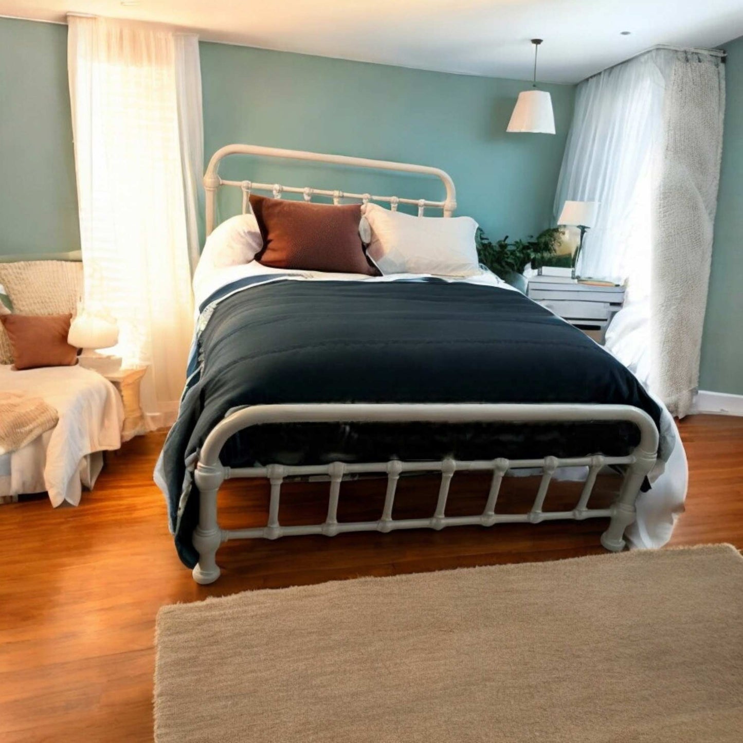 20th c Americana Low Profile Iron Platform Bed by Heiressy USA Nearly White Coastal Cottage Bedroom Furniture