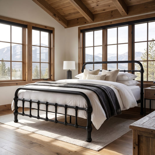 20th c Americana Low Profile Iron Platform Bed by Heiressy.  A rustic mountain-view bedroom featuring a black metal bed frame with white bedding and a dark gray throw blanket, set against large wood-framed windows looking out to pine trees and mountains.