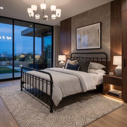 Heiressy 20th c Americana Iron Bed in Matte Black Finish. A modern bedroom featuring a black metal bed frame with white bedding, styled with dark accent pillows, set on a patterned rug against a wood-paneled wall with a chandelier and large windows overlooking a city skyline at dusk.