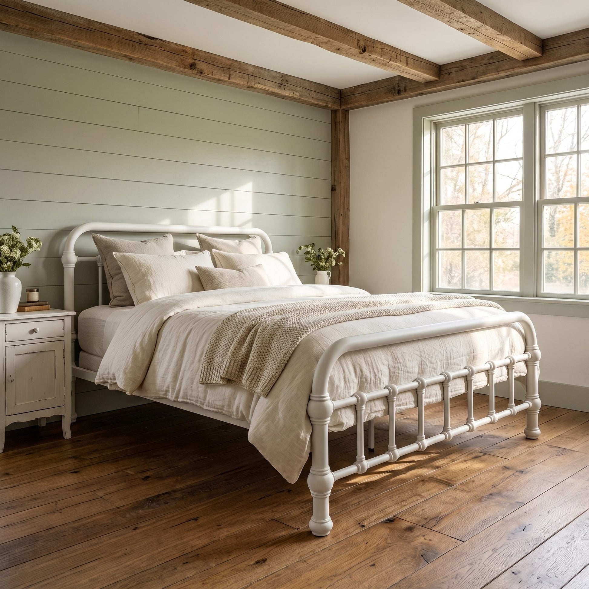 20th c Americana Low Profile Iron Platform Bed by Heiressy. A white metal bed frame with a curved footboard and matching headboard, dressed in cream linens and a textured beige throw, set in a rustic bedroom with wood ceiling beams, a light green shiplap wall, and a large window.