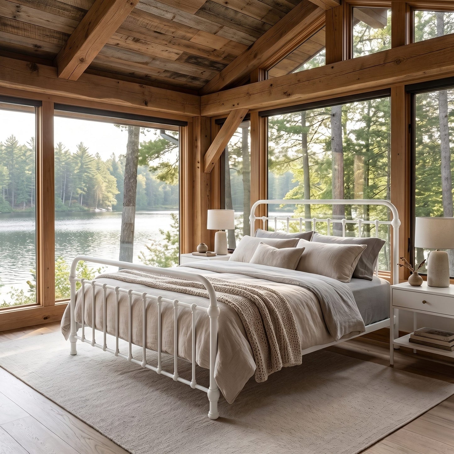 Heiressy 20th c Americana Iron Bed in Matte White Finish. The white metal bed frame with a rustic wood-beamed cabin interior and large windows overlooking a lake and forest.