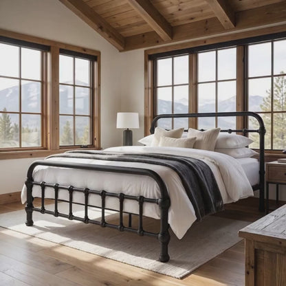 20th c. Americana Low Profile Iron Platform Bed with Wood Slats