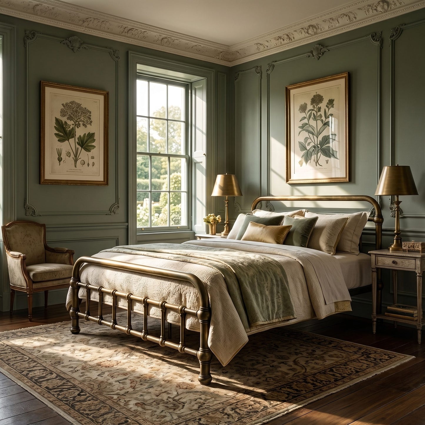20th c Americana Low Profile Iron Platform Bed by Heiressy. A beautifully styled vintage bedroom featuring a dark wood bed with cream and sage green bedding, set in a room with sage green paneled walls, botanical prints, matching armchair, and bedside tables with lamps.