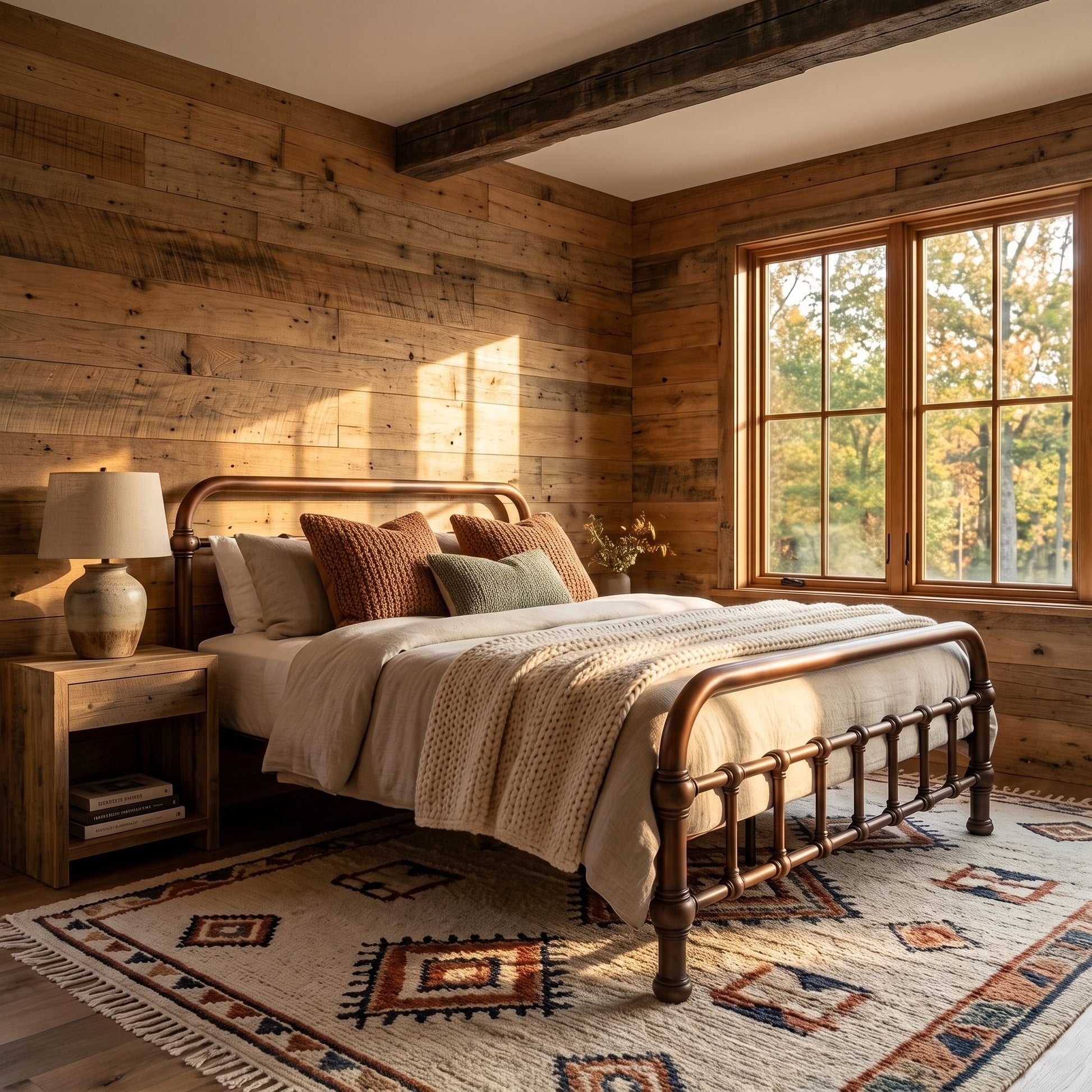 20th c Americana Low Profile Iron Platform Bed by Heiressy. A rustic bedroom scene with a wooden metal bed frame, beige bedding, patterned pillows, a matching wood nightstand with a lamp, and a large patterned rug in front of a window with outdoor view.