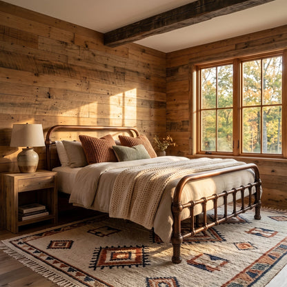 20th c Americana Low Profile Iron Platform Bed by Heiressy. A rustic bedroom scene with a wooden metal bed frame, beige bedding, patterned pillows, a matching wood nightstand with a lamp, and a large patterned rug in front of a window with outdoor view.