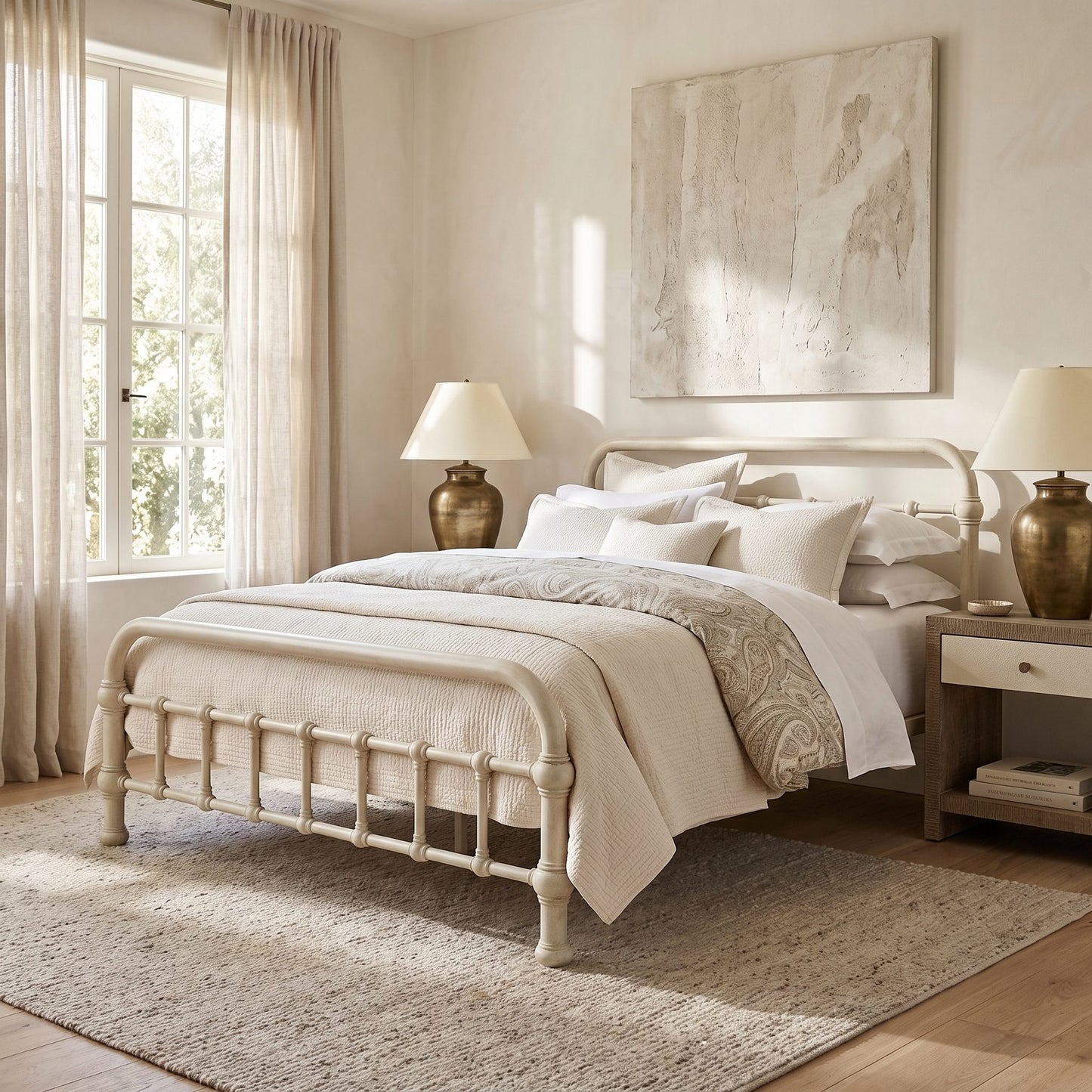 20th c Americana Low Profile Iron Platform Bed by Heiressy. A beautifully styled bedroom featuring a white metal bed frame with a classic footboard, dressed in neutral beige and white linens. The room is decorated with a textured beige rug, matching curtains, bedside tables with bronze lamps, and a large abstract canvas painting on the wall.