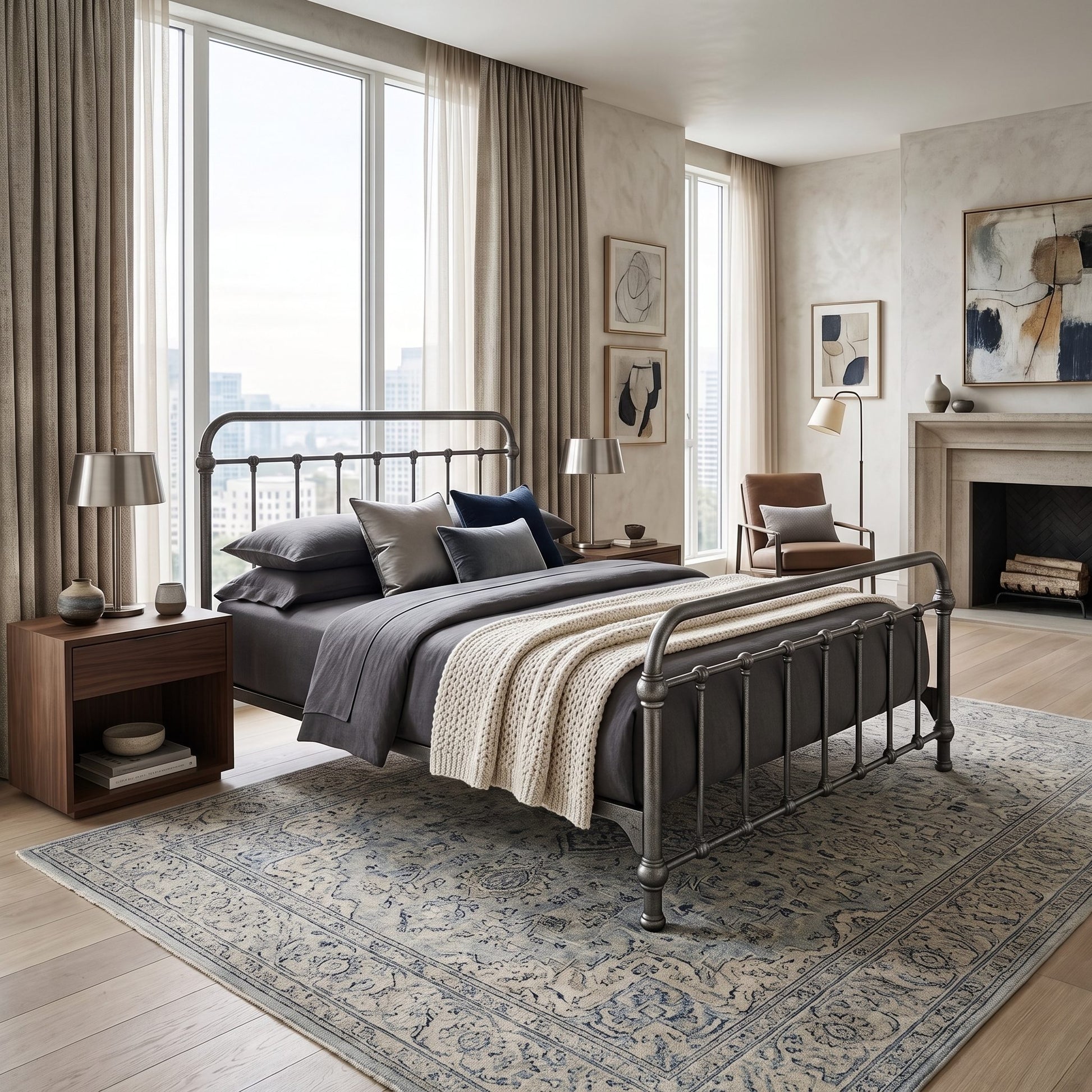 Heiressy 20th c Americana Iron Bed in Restored Silver Finish. A styled bedroom interior featuring a metal bed frame with gray bedding and a cream knit throw, placed on a large patterned rug in a modern, sunlit room with curtains, lamps, a chair, and a fireplace.