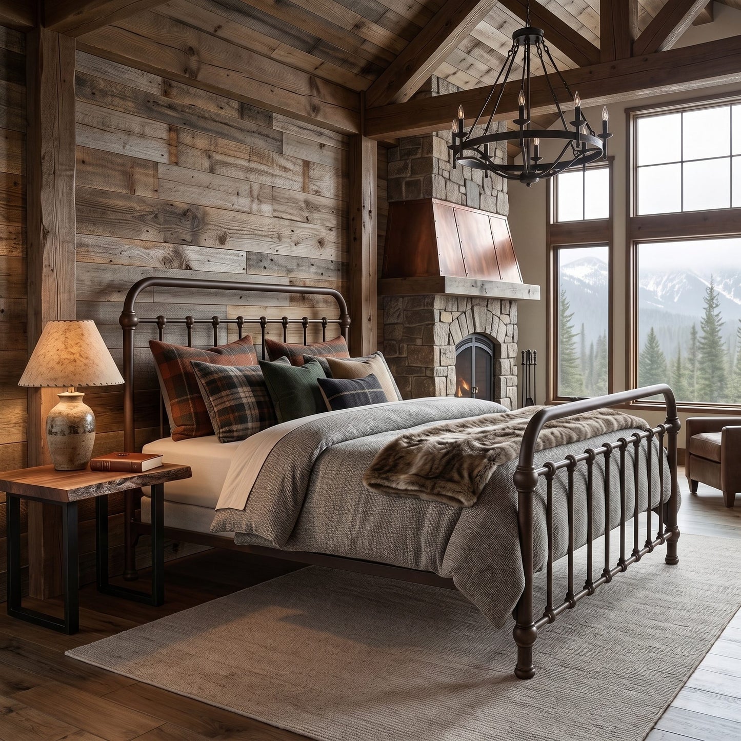 Heiressy 20th c Americana Iron Bed in Rusted Discovery Finish. A rustic mountain-view bedroom featuring a bed with a dark metal frame, styled with gray linens and plaid pillows, set against a wood-paneled wall and stone fireplace.