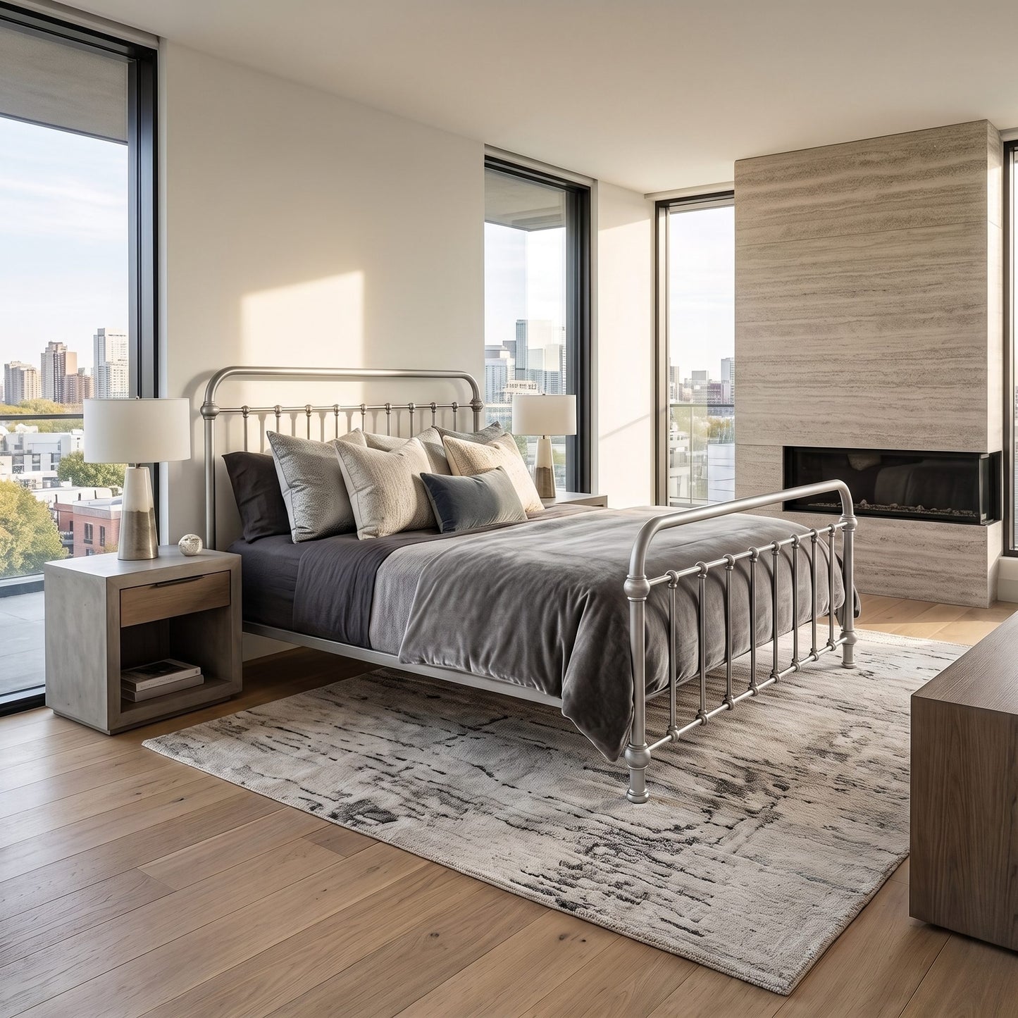 Heiressy 20th c Americana Iron Bed in Silver Wash Finish. A modern bedroom featuring a silver metal bed frame with gray bedding, styled on a distressed gray and white rug over light wood floors. The room includes a matching wood nightstand, a fireplace with a wood-look surround, and large windows overlooking a city skyline.