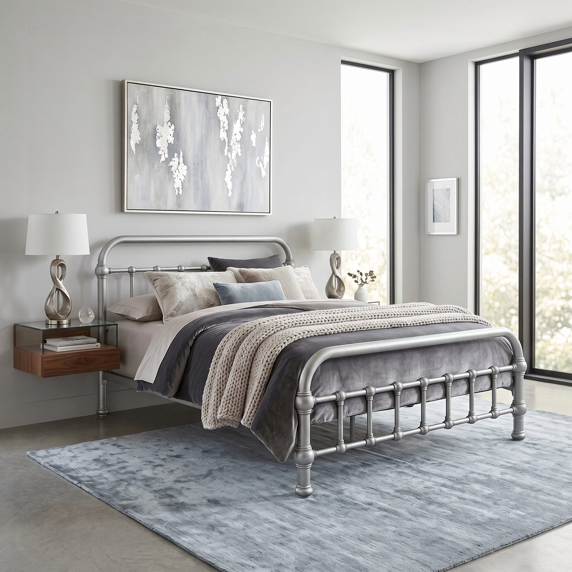 20th c Americana Low Profile Iron Platform Bed by Heiressy. A silver metal bed frame with a classic turned-post design, styled in a modern bedroom setting with gray and beige bedding, a blue-gray rug, and matching bedside tables and lamps.