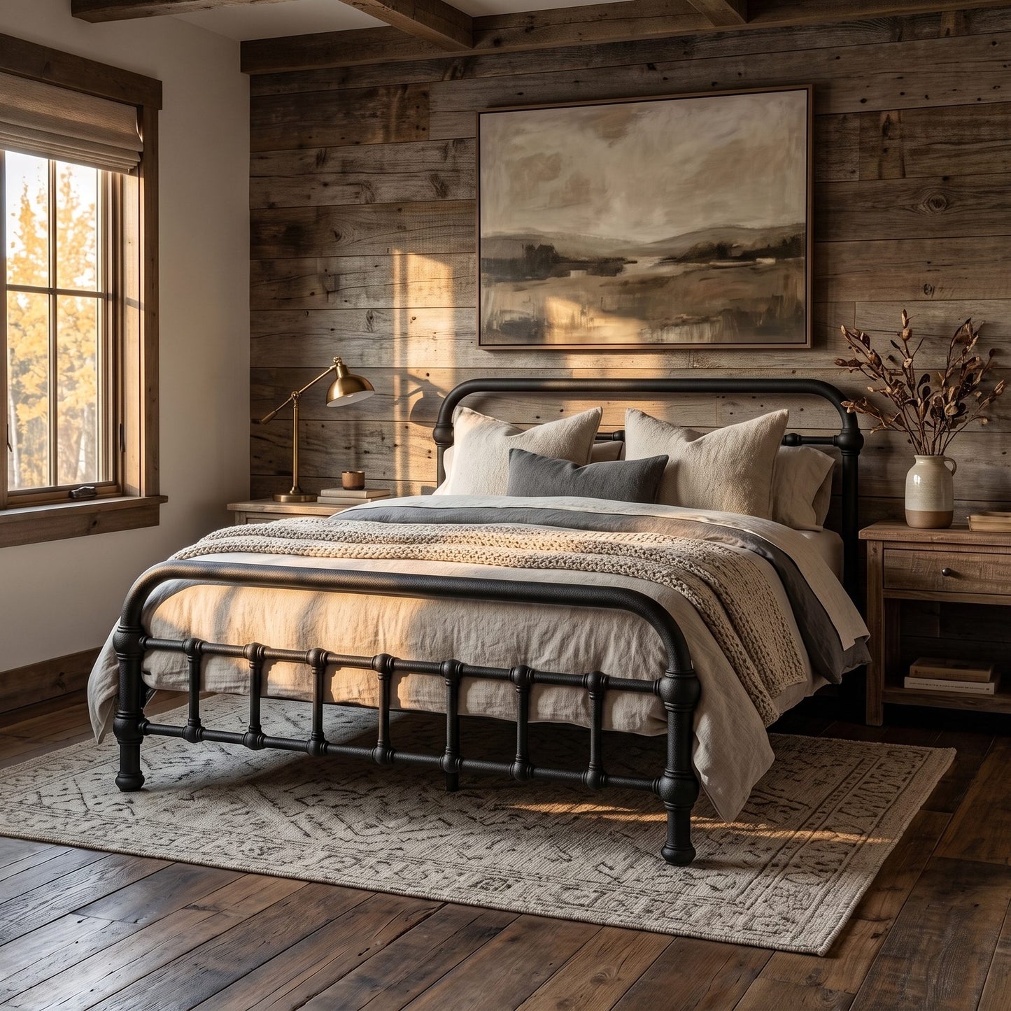 20th c Americana Low Profile Iron Platform Bed by Heiressy. A rustic bedroom scene featuring a black metal bed frame with beige and gray bedding, set against a wood-paneled wall with a landscape painting above. A window on the left casts warm sunlight across the room.