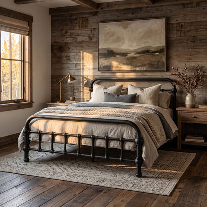 20th c Americana Low Profile Iron Platform Bed by Heiressy. A rustic bedroom scene featuring a black metal bed frame with beige and gray bedding, set against a wood-paneled wall with a landscape painting above. A window on the left casts warm sunlight across the room.