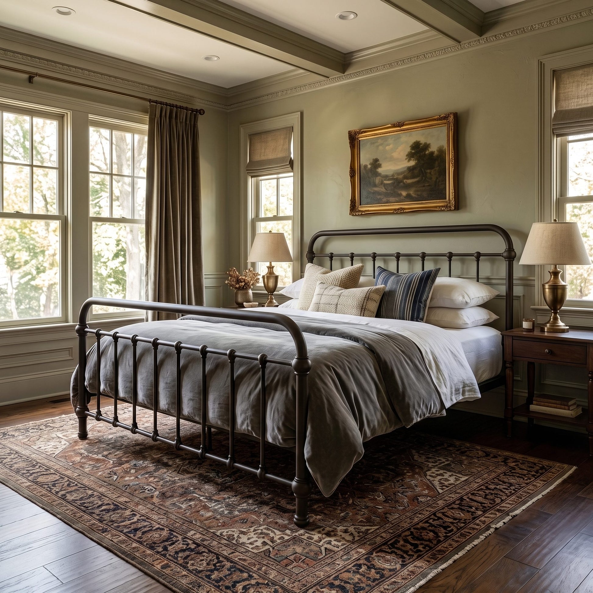 Heiressy 20th c Americana Iron Bed in Stond Ground Finish. A classic bedroom scene featuring a black metal bed frame with gray bedding, styled on a patterned area rug. The room has sage green walls, wooden ceiling beams, and large windows with brown drapes.