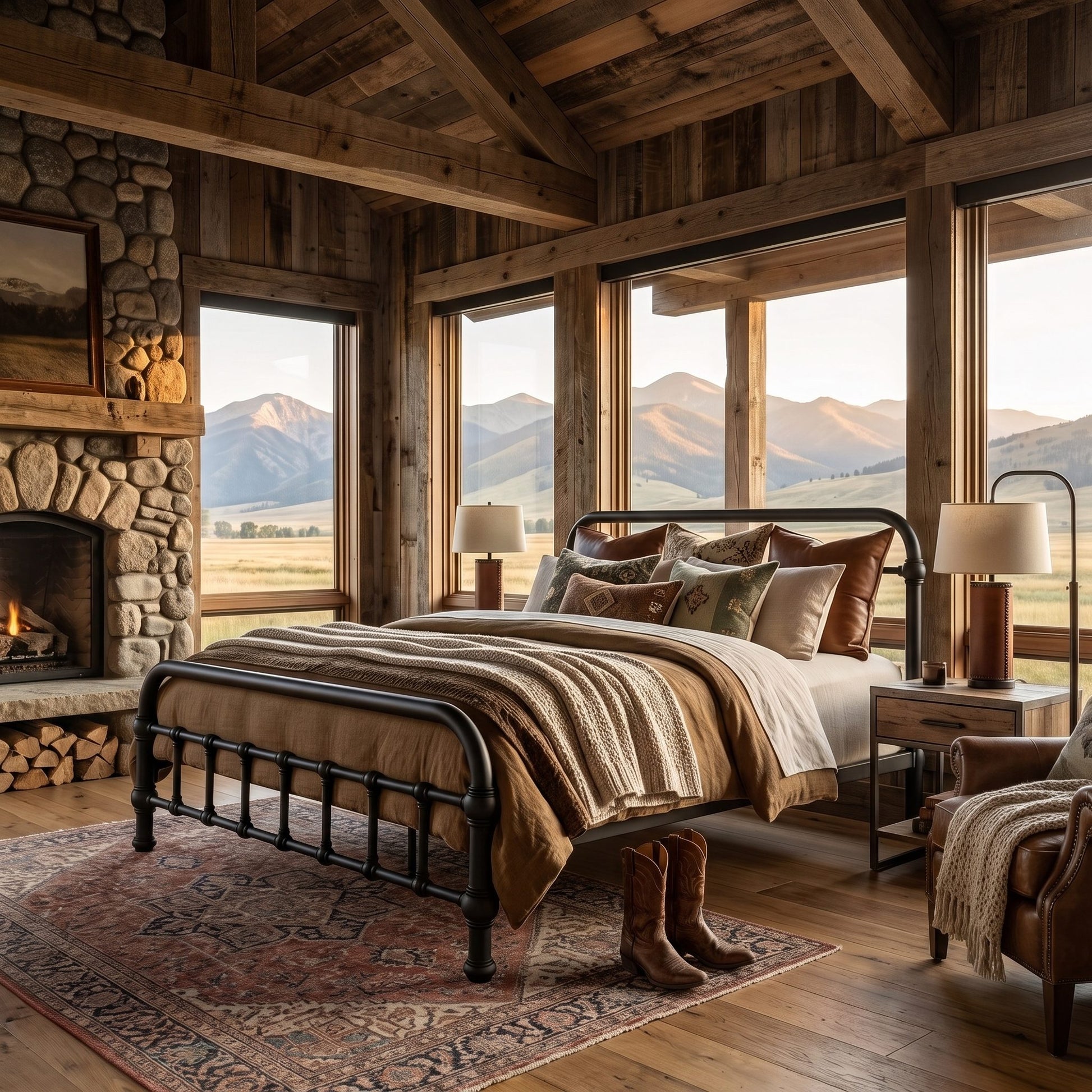 20th c Americana Low Profile Iron Platform Bed by Heiressy. A rustic mountain-view bedroom with a black metal bed frame, layered beige and brown bedding, a stone fireplace, and large windows showing distant mountains.