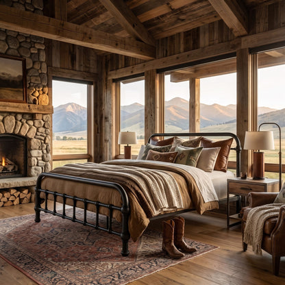 20th c Americana Low Profile Iron Platform Bed by Heiressy. A rustic mountain-view bedroom with a black metal bed frame, layered beige and brown bedding, a stone fireplace, and large windows showing distant mountains.