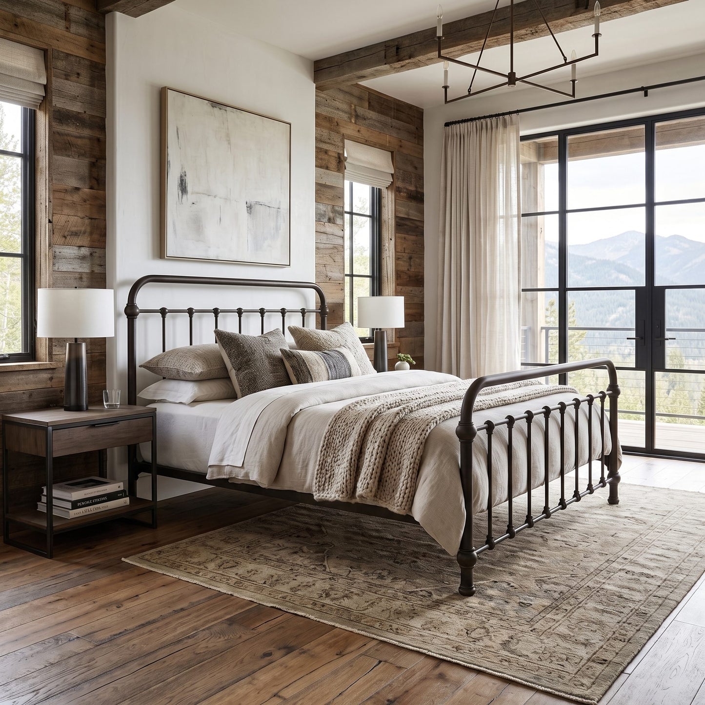 Heiressy 20th c Americana Iron Bed in Tennery Black Finish. A rustic bedroom featuring a black metal bed frame with a curved footboard, styled with neutral-toned bedding, a patterned area rug, and a dark wood nightstand. The room has wood-paneled walls, a large window with a view of mountains, and a modern geometric chandelier.