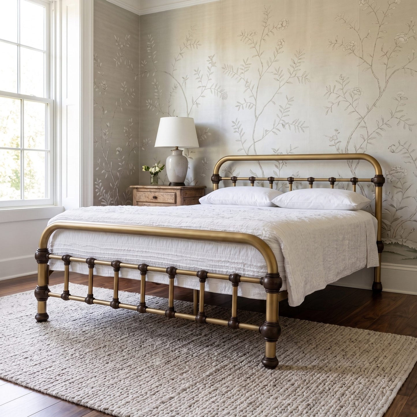 20th c Americana Low Profile Iron Platform Bed by Heiressy.  A brass and dark wood metal bed frame with a curved footboard and headboard, styled in a bright bedroom with floral wallpaper, a white quilt, and a wooden nightstand.