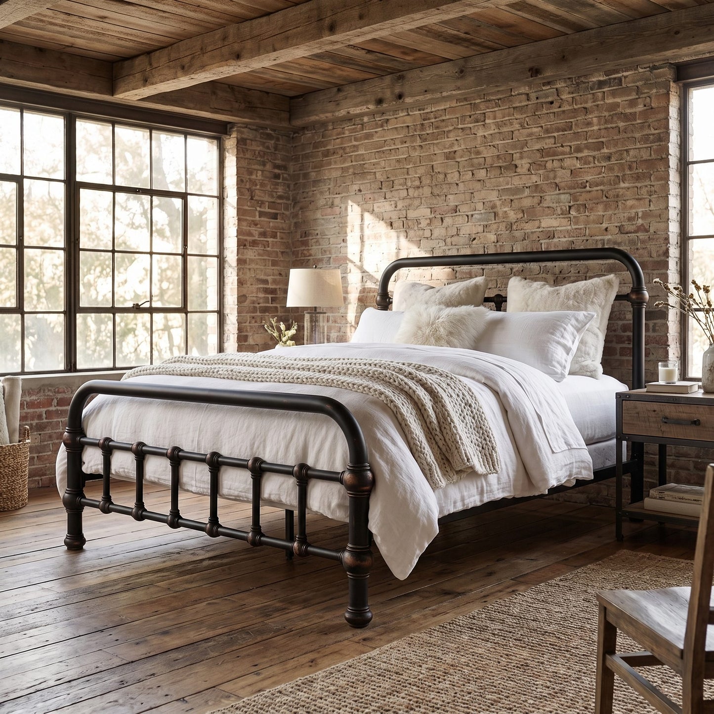 20th c Americana Low Profile Iron Platform Bed by Heiressy. A dark metal bed frame with turned legs and a curved headboard and footboard, styled with white bedding and a textured beige throw in a rustic bedroom with brick walls and wood floors.