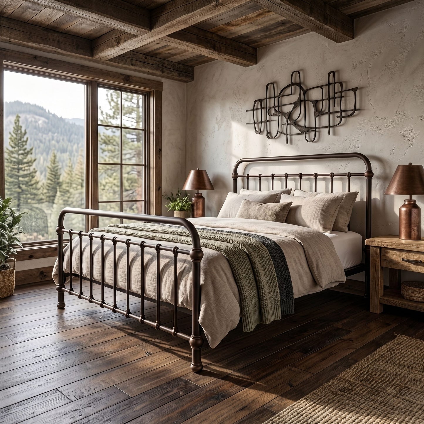 A rustic bedroom scene featuring a dark timeworn copper Heiressy 20th c Americana Iron Bed frame with a curved footboard and headboard, dressed in neutral beige linens and a striped green throw blanket. The bed is styled in a cozy room with a rustic dark wood ceiling, a large window showing a pine forest view, matching wooden nightstands with copper lamps, and a textured wall with abstract metal art.