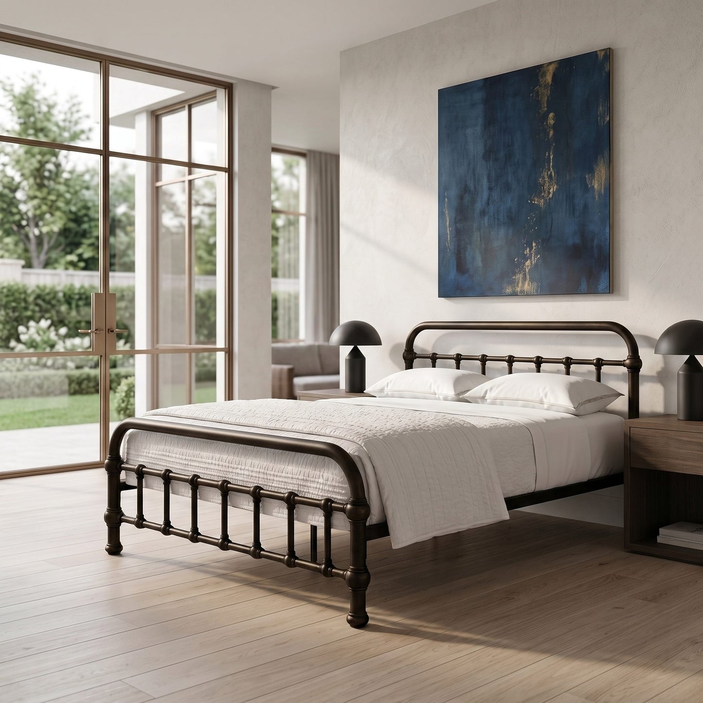 20th c Americana Low Profile Iron Platform Bed by Heiressy. A dark metal bed frame with a spindle headboard and footboard, styled with white bedding in a modern bedroom setting with large windows and a blue abstract painting on the wall.
