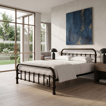 20th c Americana Low Profile Iron Platform Bed by Heiressy. A dark metal bed frame with a spindle headboard and footboard, styled with white bedding in a modern bedroom setting with large windows and a blue abstract painting on the wall.
