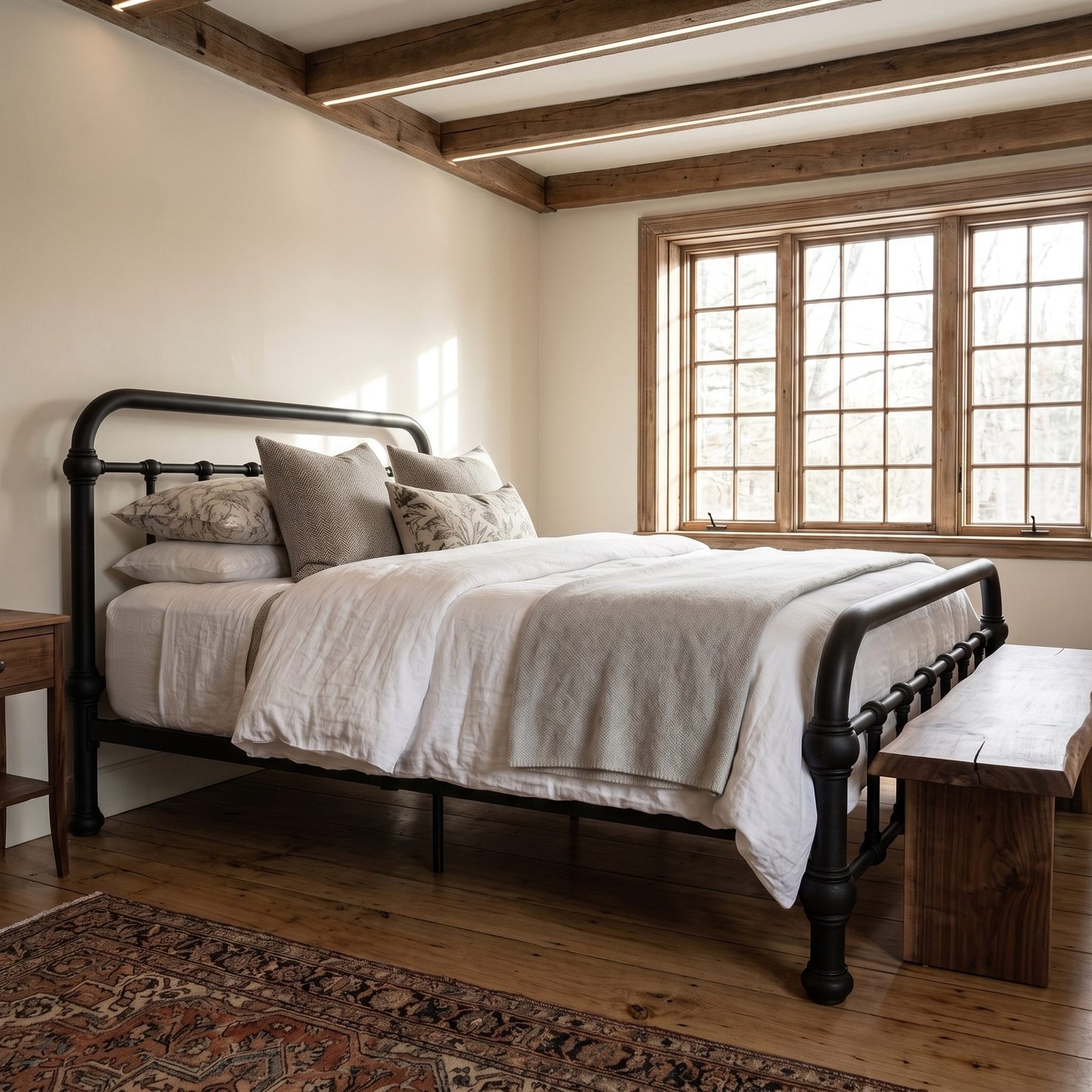 20th c. Americana Low Profile Iron Platform Bed with Wood Slats