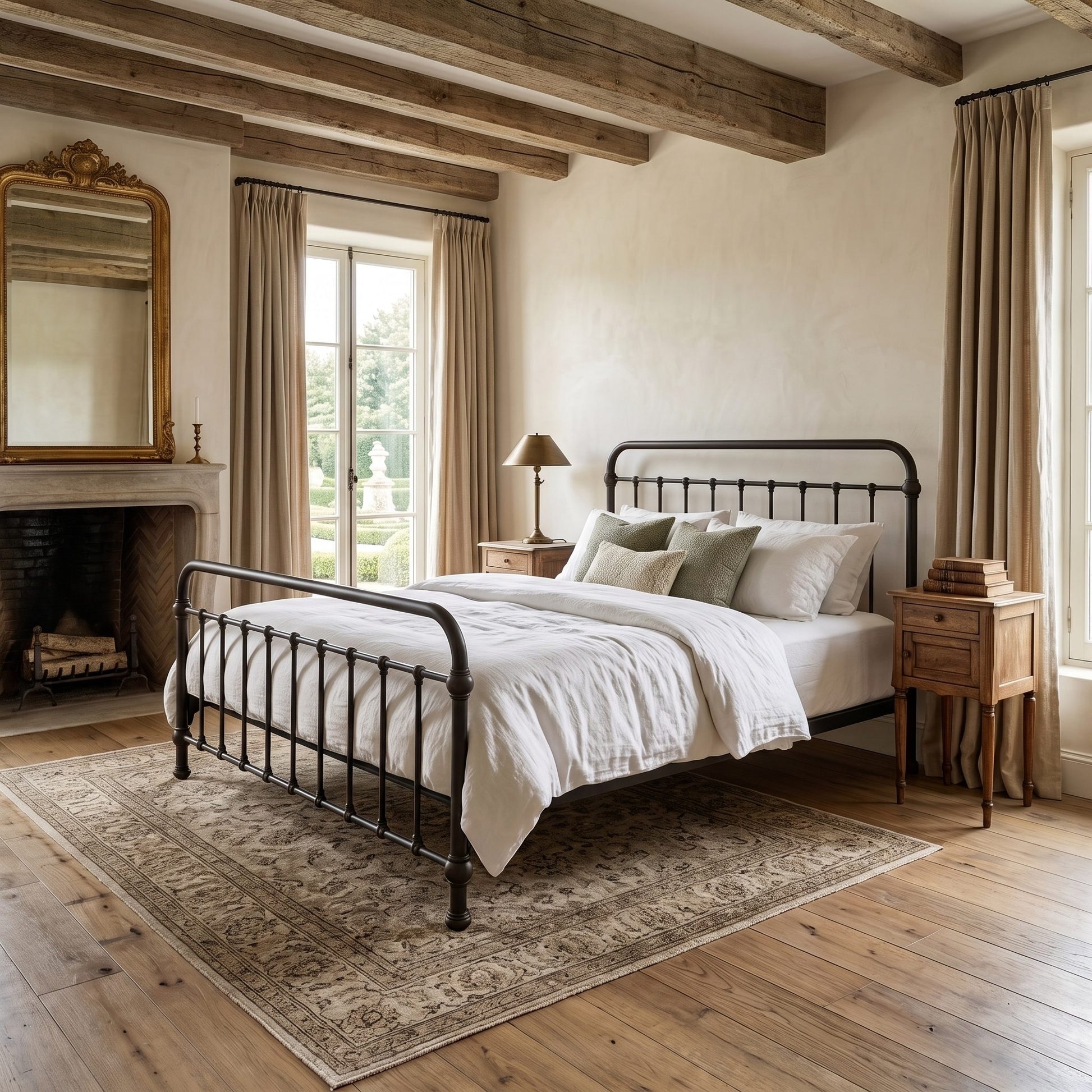 Heiressy 20th c Americana Iron Bed in Timeworn Iron Finish. A rustic bedroom scene featuring a black metal bed frame with white linens, styled in a warm, traditional room with wooden ceiling beams, a fireplace, and a patterned rug.