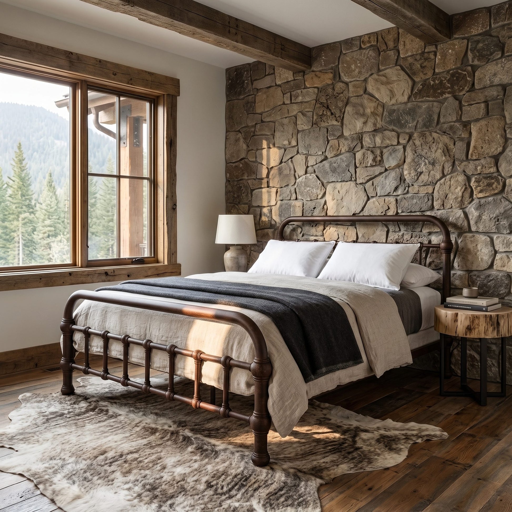 20th c Americana Low Profile Iron Platform Bed by Heiressy. A rustic bedroom scene with a dark metal bed frame, white bedding, a dark throw blanket, a stone wall backdrop, a large window with forest views, and a cowhide rug on a wood floor.