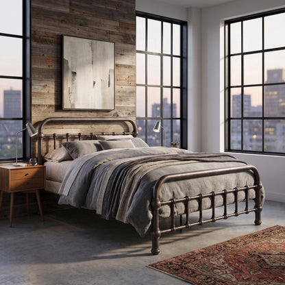 20th c Americana Low Profile Iron Platform Bed by Heiressy.  A dark metal bed frame with turned spindle posts is styled in a modern loft bedroom with large black-framed windows, a rustic wood-paneled accent wall, and gray bedding.