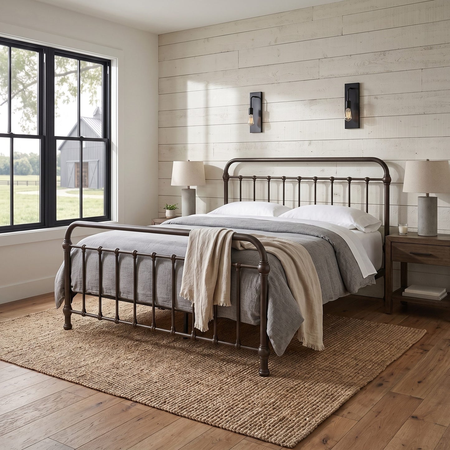 Heiressy 20th c Americana Iron Bed in Tiemworn Steel. A rustic metal bed frame with a curved headboard and footboard, styled with gray and beige bedding in a bright, modern farmhouse bedroom.