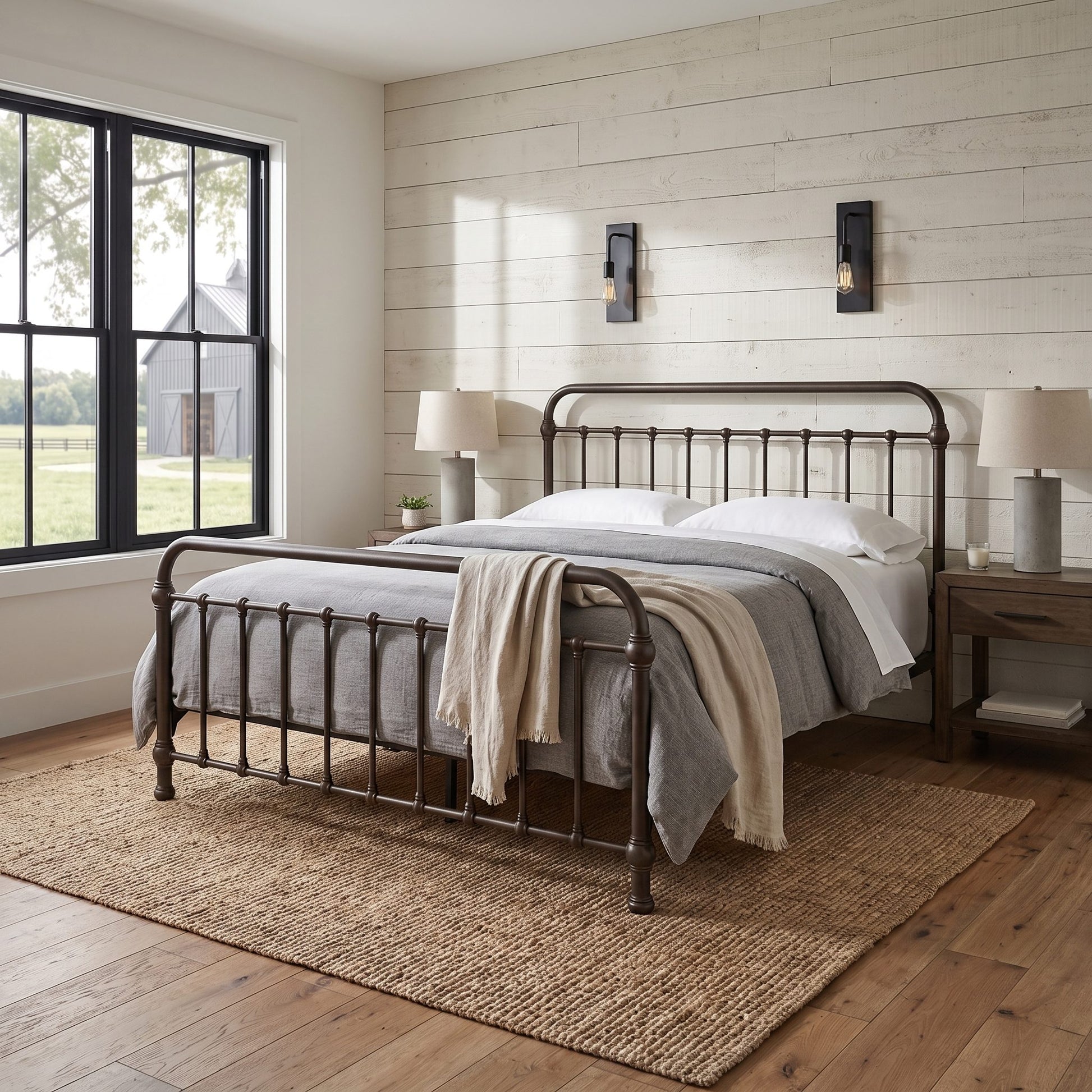 Heiressy 20th c Americana Iron Bed in Tiemworn Steel. A rustic metal bed frame with a curved headboard and footboard, styled with gray and beige bedding in a bright, modern farmhouse bedroom.