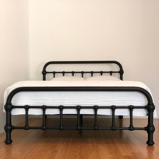 The iron platform bed version, Heiressy's 20th c. Americana Iron Platform Bed includes wood slats for an updated, modern contemporary iron bed design. Shown in Matte Black, Heiressy offers the low profile iron platform bed in multiple color choices. for Queen, King, California King, Twin, Full, Twin XL, and Full XL.