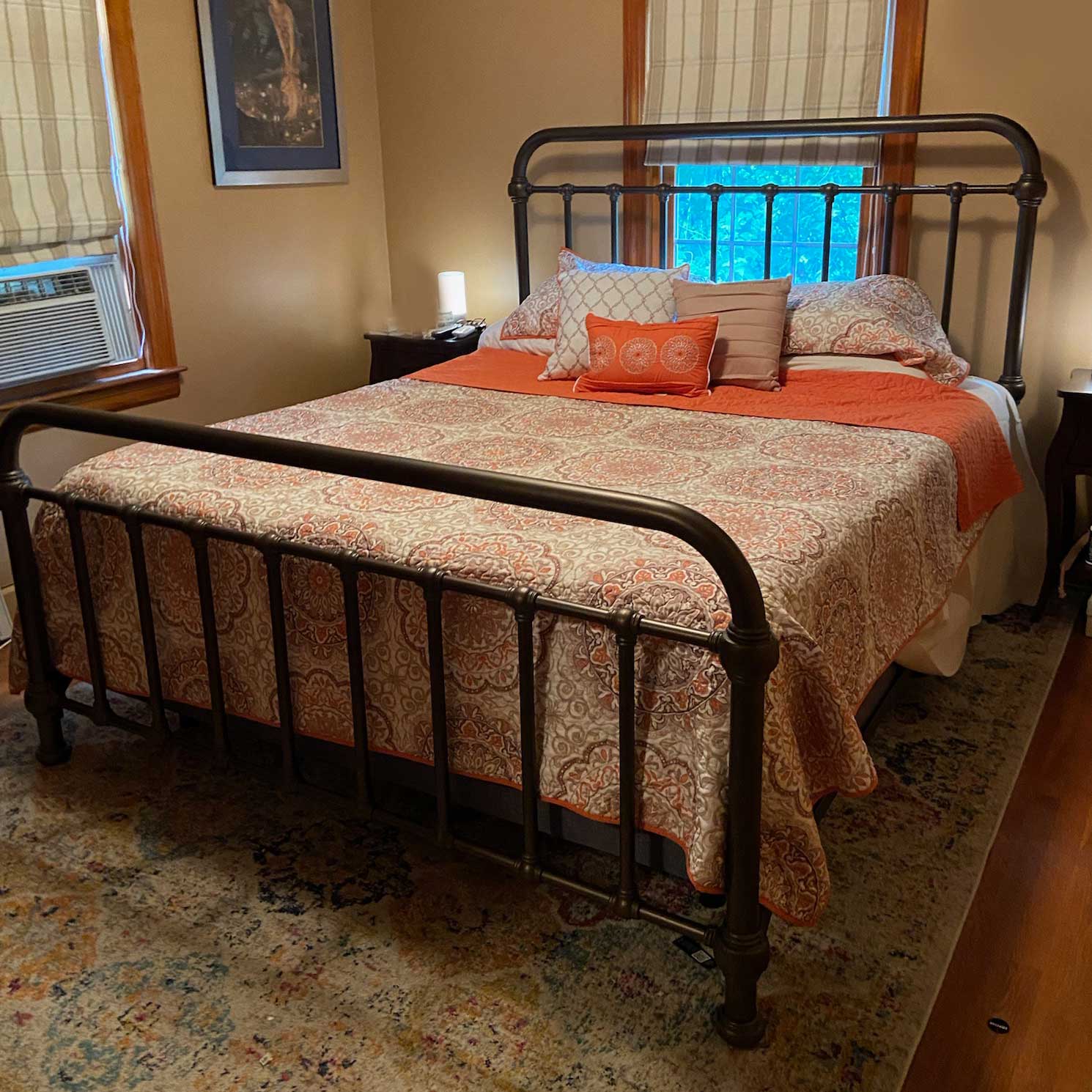 Heiressy Iron Bed 20th c. Americana California King Size in Timeworn Copper Finish on an adjustable bed. Customer Photo